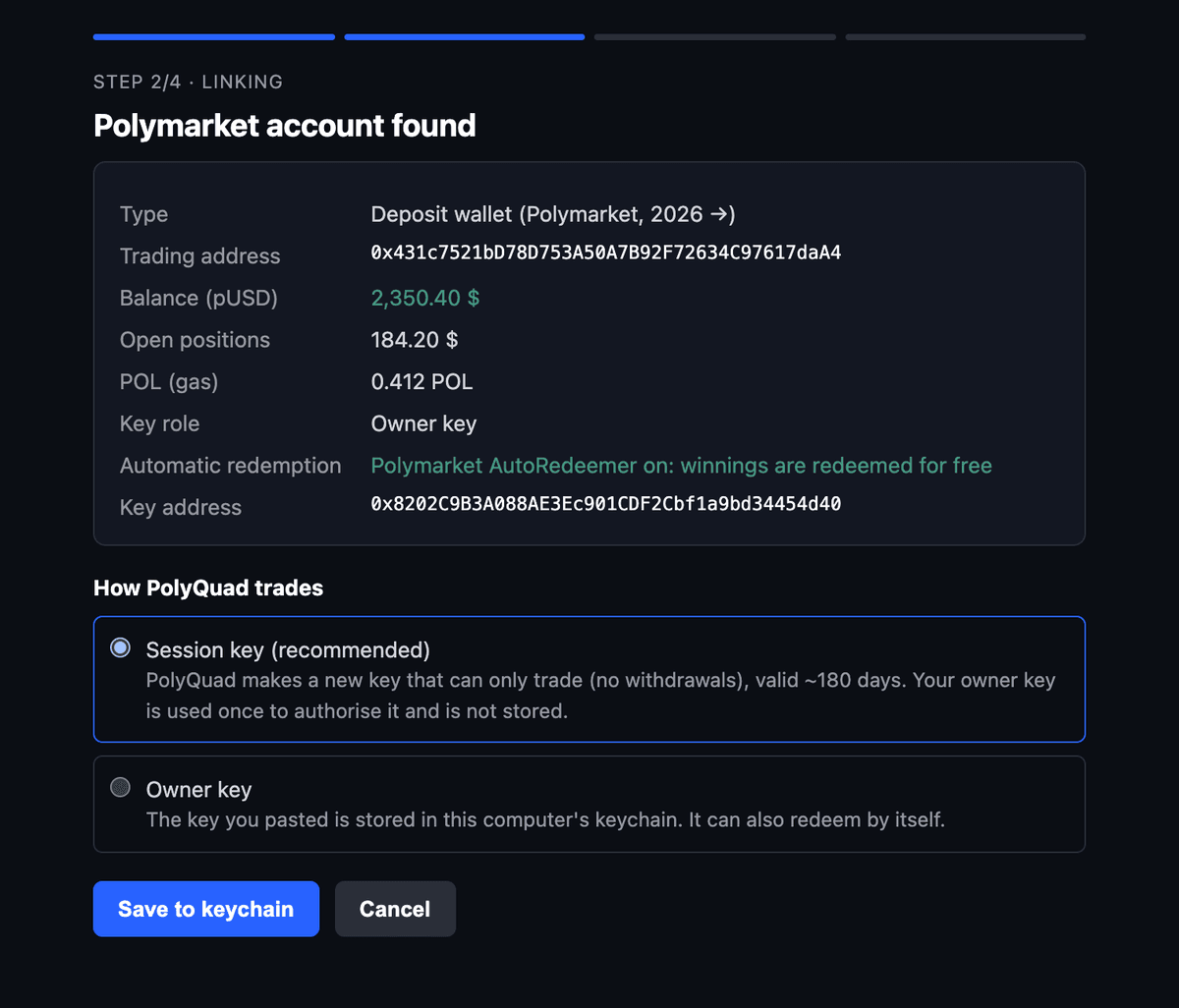 The first-start guide showing the detected deposit wallet, its balance and the session key option