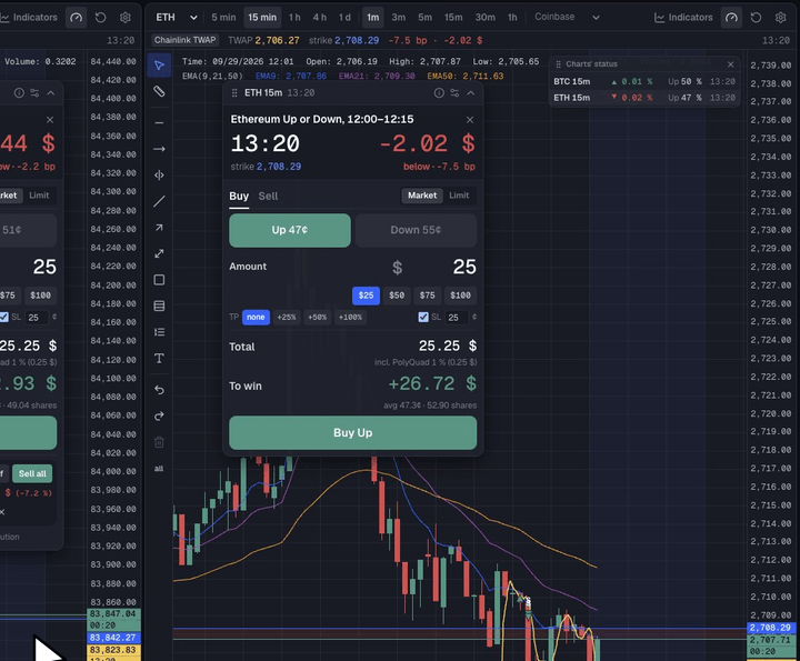 A click on Buy Up fills the order and the position card appears