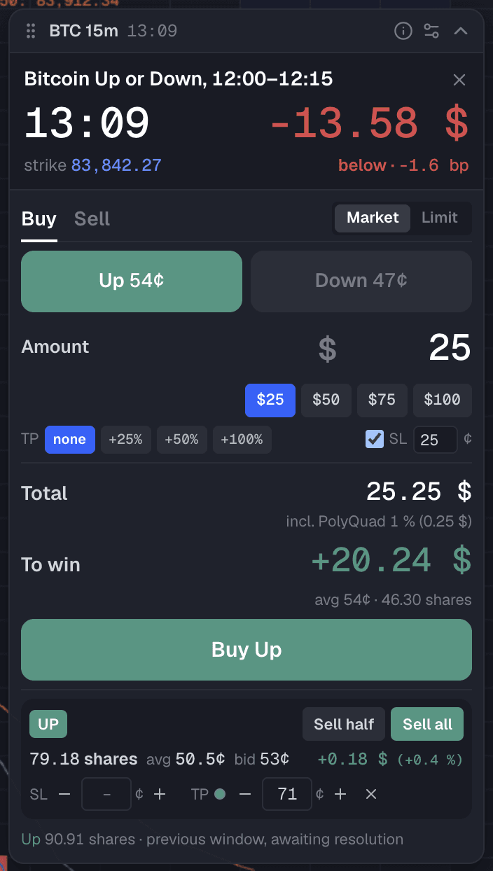 The order ticket: window countdown, running P&L, Buy Up and Down at the live price, amount presets, take profit and stop loss